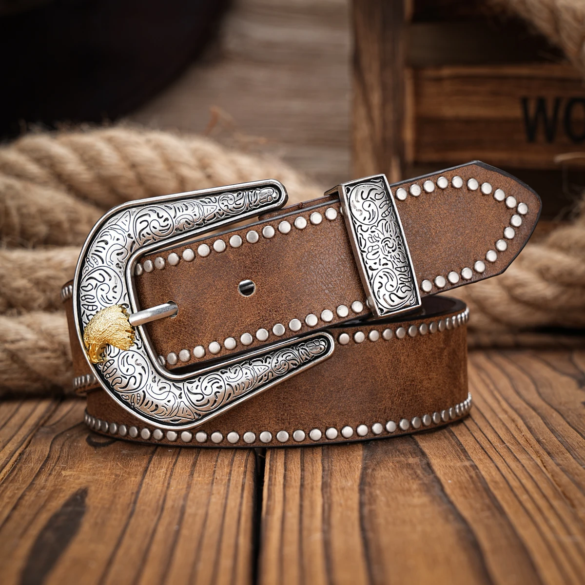 Men & Women-Western-Cowboy-PU Leather-Belts - Vintage Belt Floral Engraved Buckle Belt for Jeans