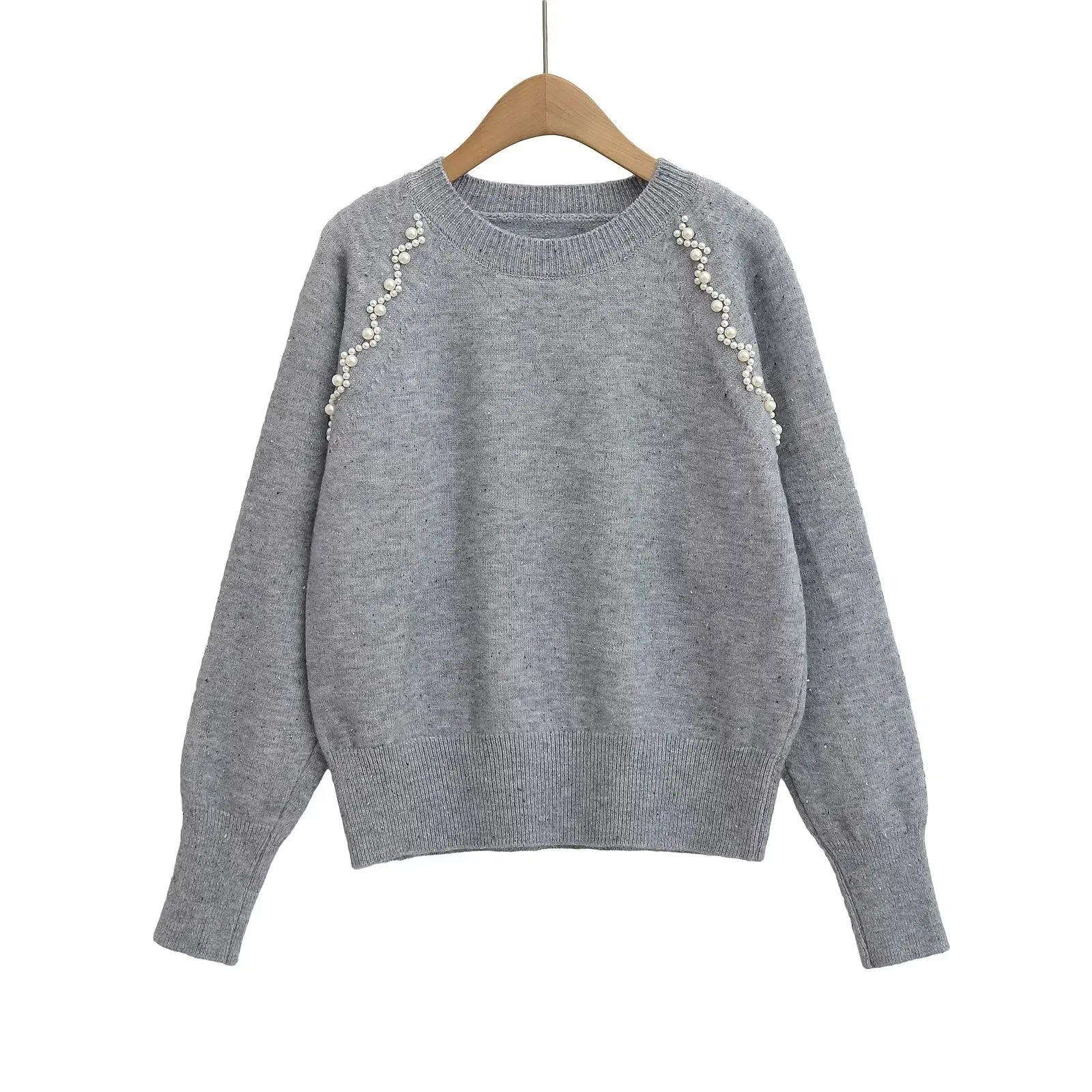 

Autumn New Collection Long Sleeves Sweater Fashionable Simple Versatile Round Neck Pullover with Pearl Women's Knit Sweater