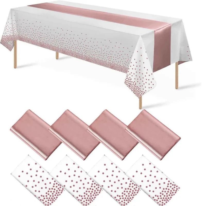 54x108Inch Disposable Tablecloth Party Table Cloth Satin Table Runner Set Waterproof RoseGold Silver Wedding Banquet Table Cover