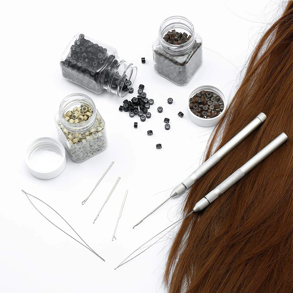 4-in-1 Hair Extension Tools, Includes Loop Needle Threader, Knitting Needles and Holder for Beads Dreadlock Wig Hair Extensions