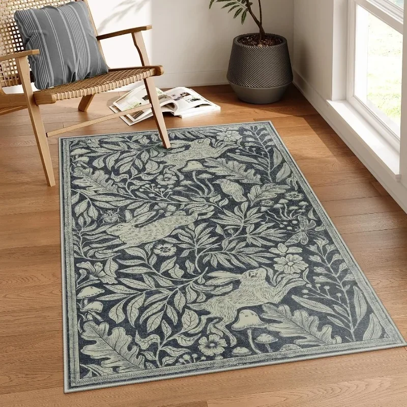 Living Room Carpet Soft Washable Rugs for Dining Room Vintage Print Green Bedroom Carpets Stain Resistant Coffee Table Floor Mat