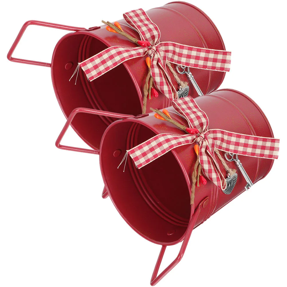 

2Pcs Candy Metal Bucket Christmas Flower Planter Pot Retro Vase Handle Home Living Room Decor Christmas Flower Pot