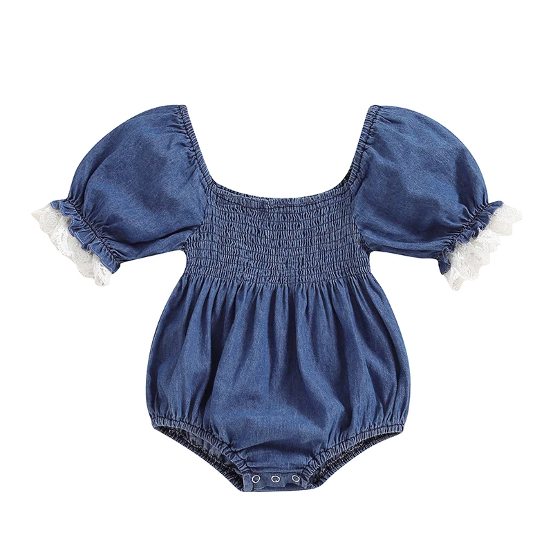 Romper Denim Azul para bebês, manga curta, guarnição de renda, gola quadrada, tops de macacão, verão