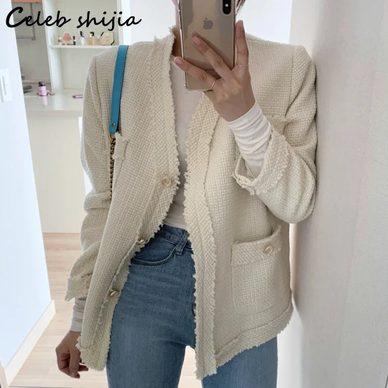 

SHIJIA Elegant Tweed Jacket Woman Autumn Winter Single Breasted V-neck Cropped Jacket Female Fall New Full Sleeve Business Coat