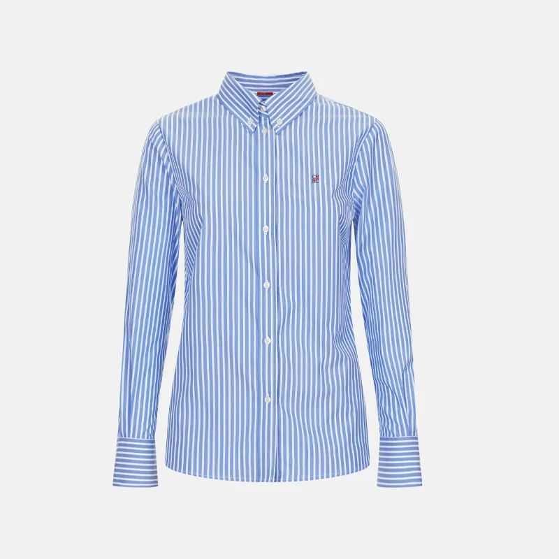 CH Damen Blau-Weiß Gestreiftes Hemd Langarm Daunenbluse Lässige Büro-Damen-Oberteile Modisches Slim-Fit Business-Arbeitshemd – Detail 2