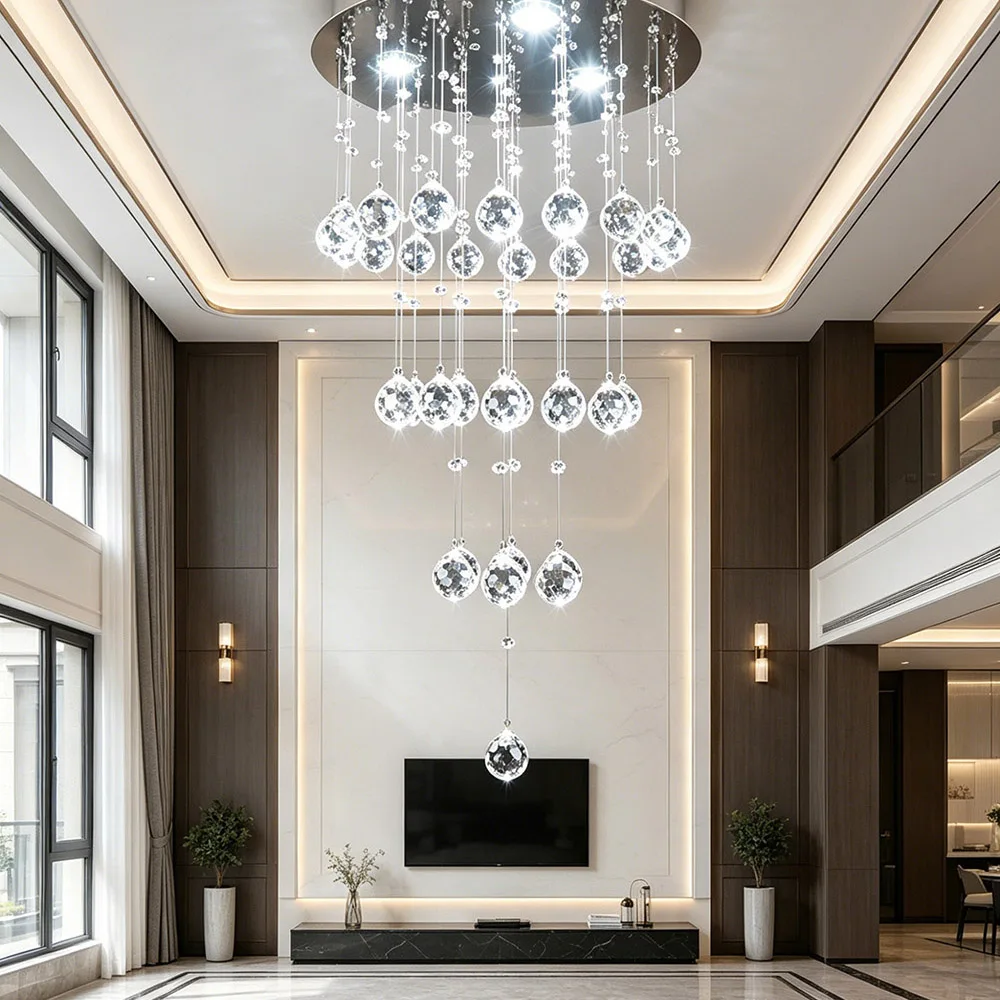 Modern Crystal Pendant Light Waterfall Ceiling Lamp for Staircase Villa Living Room Decorative Hanging Chandelier