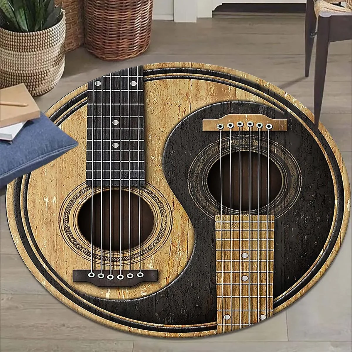 Music Studio Guitar Pattern Round Carpet Living Room Bedroom Entrance Door Mat Non-slip Machine Washable Toilet Bath Rugs Decor