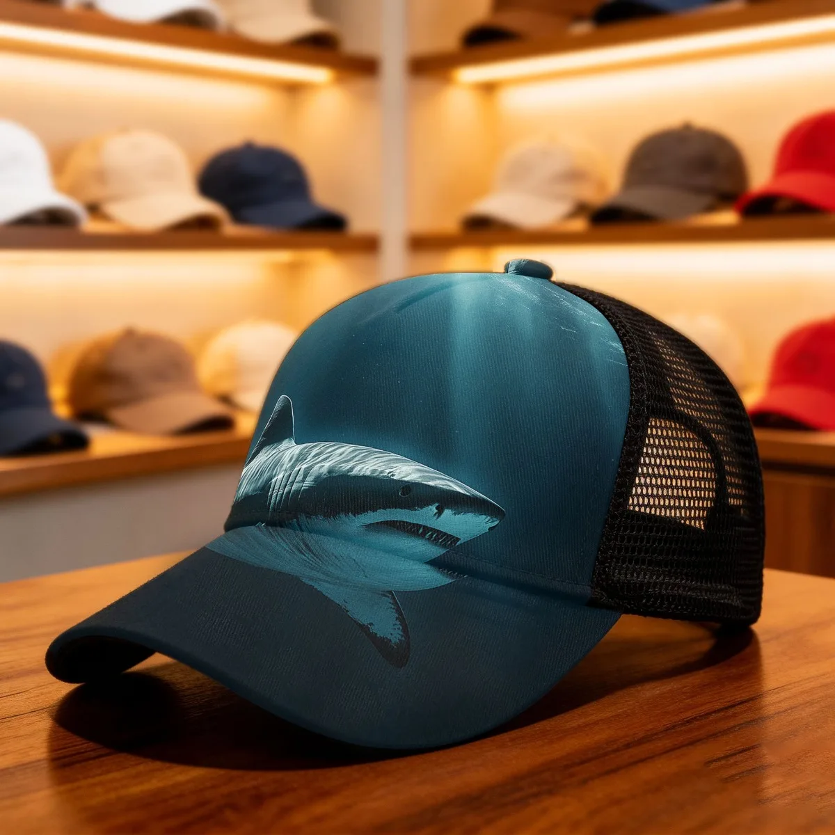1pc Shark Oceanic And Nautical Style All-Over Printing Duckbill Hat Mesh Cap Funky Style Hat Fitted Closure for Daily Wear