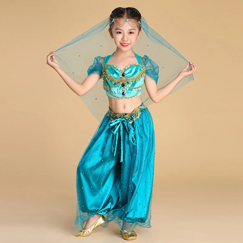 

Girls Arabian Princess Jasmine Belly Dancing set Kids Aladdin's Lamp Cosplay Costume 3 Pieces Set Top Pants Veils