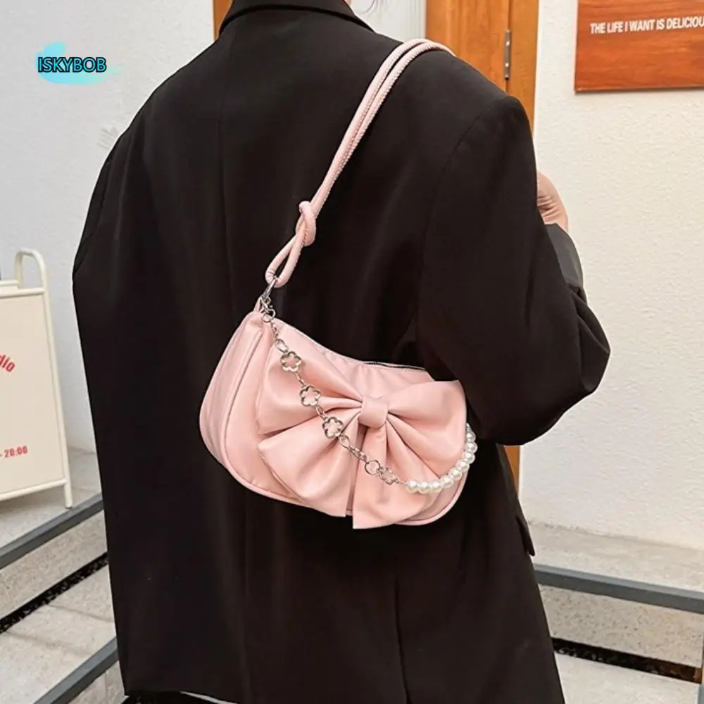 

Sweet PU Leather Bowknot Shoulder Bag Solid Color Pearl Women Underarm Bag Adjustable Large Capacity Bow Handbag Office Worker