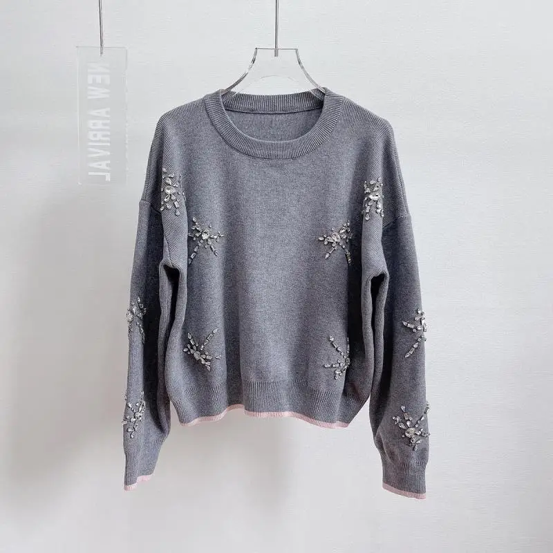 Brand Fashion Diamonds Beading Warm Thick Women Pullovers Sweaters Oversized Knitwear Long Sleeve Tops 2024 Spring