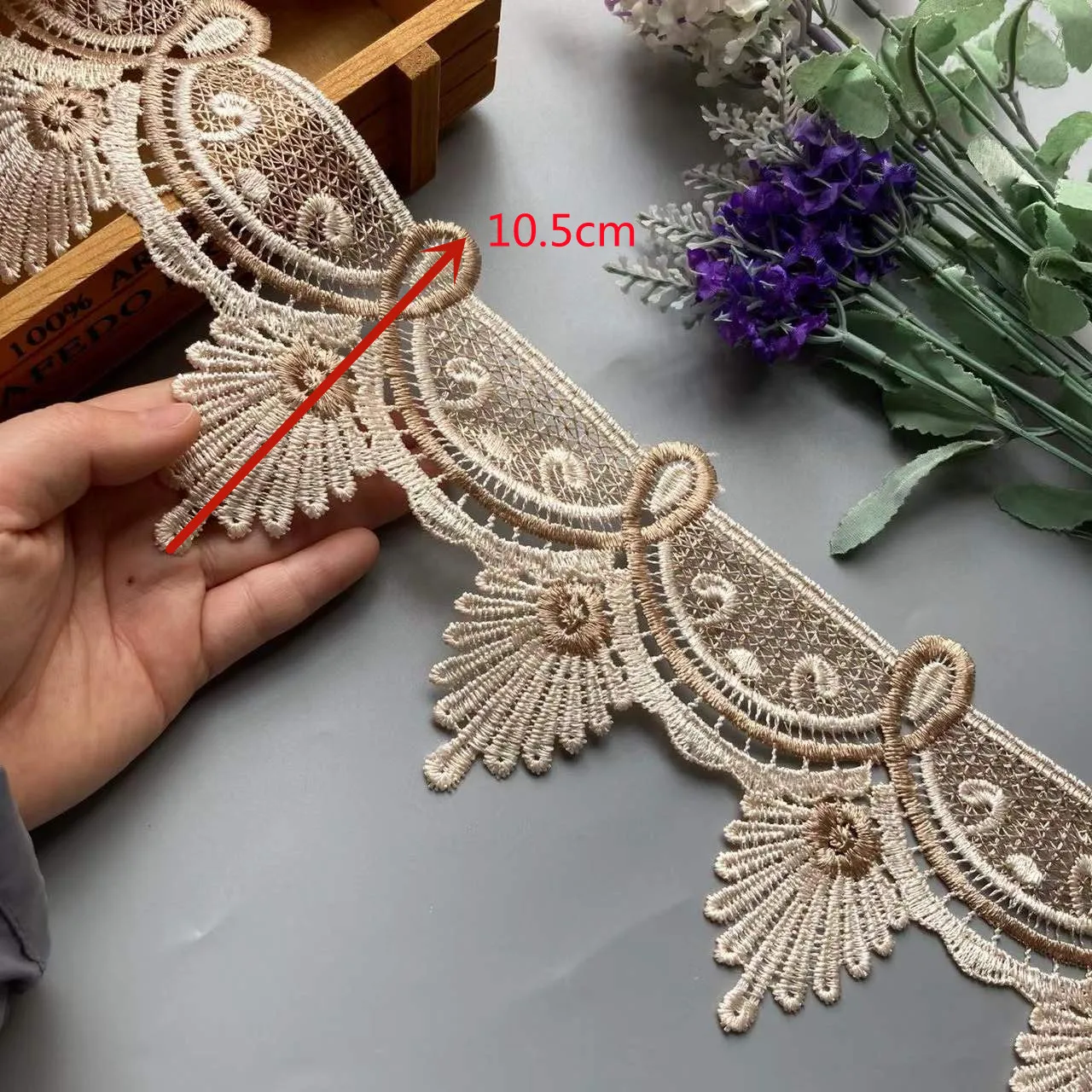 1 Yards Embroidery Brown Flower Lace Ribbon Trims for Sofa Curtain Trimmings Dress Costumes Applique Beige 10.5 cm New