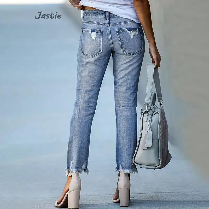 2023 New Pencil Pants Ripped Slim Fit High Waist Vintage Streetwear Casual Fashion Stretch Blue Jeans Woman