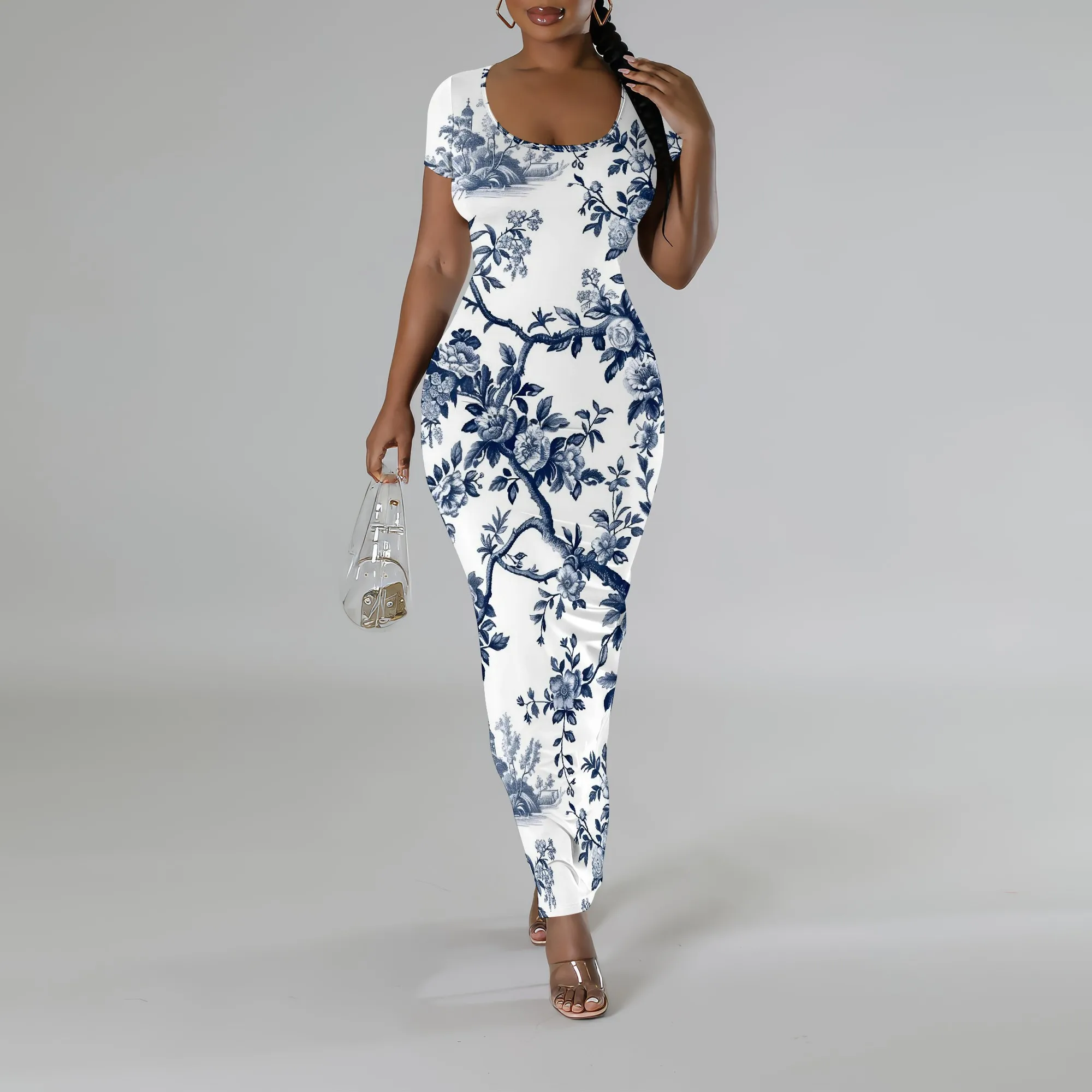 

Elegant Chinese Style Jumpsuit for Women Blue & White Floral Print Short Sleeve Bodycon Fit Romper for Eid Holiday 2025
