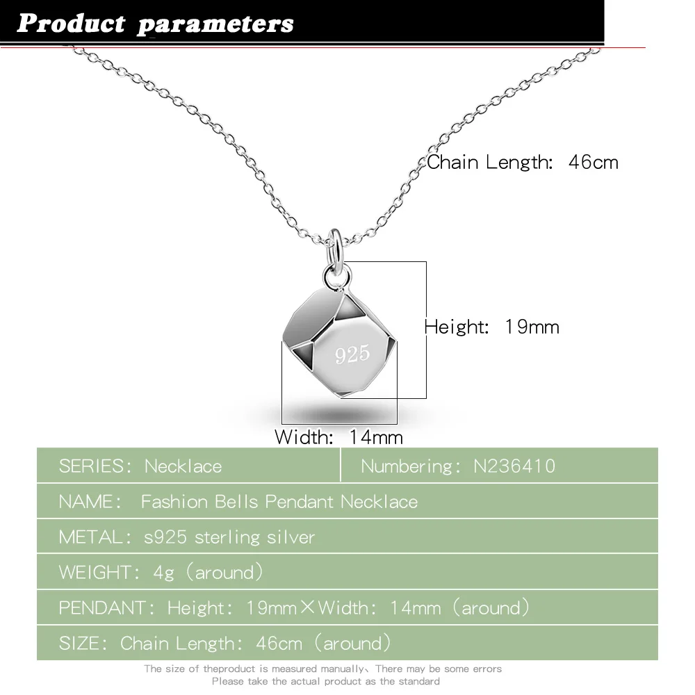 New Design 925 Sterling Silver Block Bell Pendant Necklaces Fashion Temperament Clavicle Chain for Women Trendy Party Jewelry