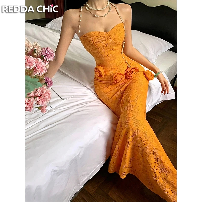 

Вечернее платье REDDACHiC с цветочной аппликацией, летнее облегающее платье-русалка макси без бретелек, коктейльное платье для женщин
