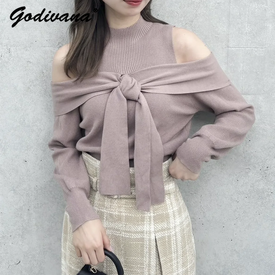 

New Autumn and Winter Japanese Sweet Fashion Bow Knitted Top Solid Color Ladies Elegant Hollow Out Shoulder Knitwear Sweaters