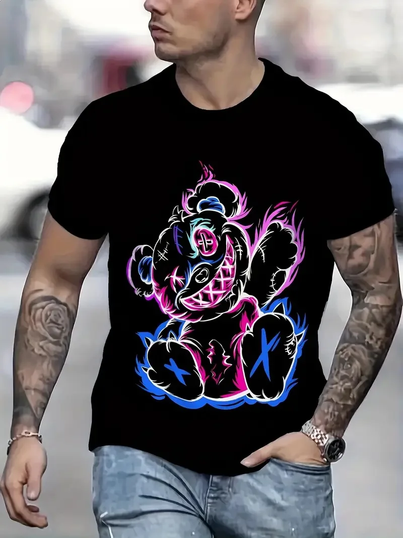 

Trend Cool Bear Graphic T Shirt For Men Simple Style Solid Color Tees Summer Casual O-neck T-shirt Street Hip Hop Men's Clothing