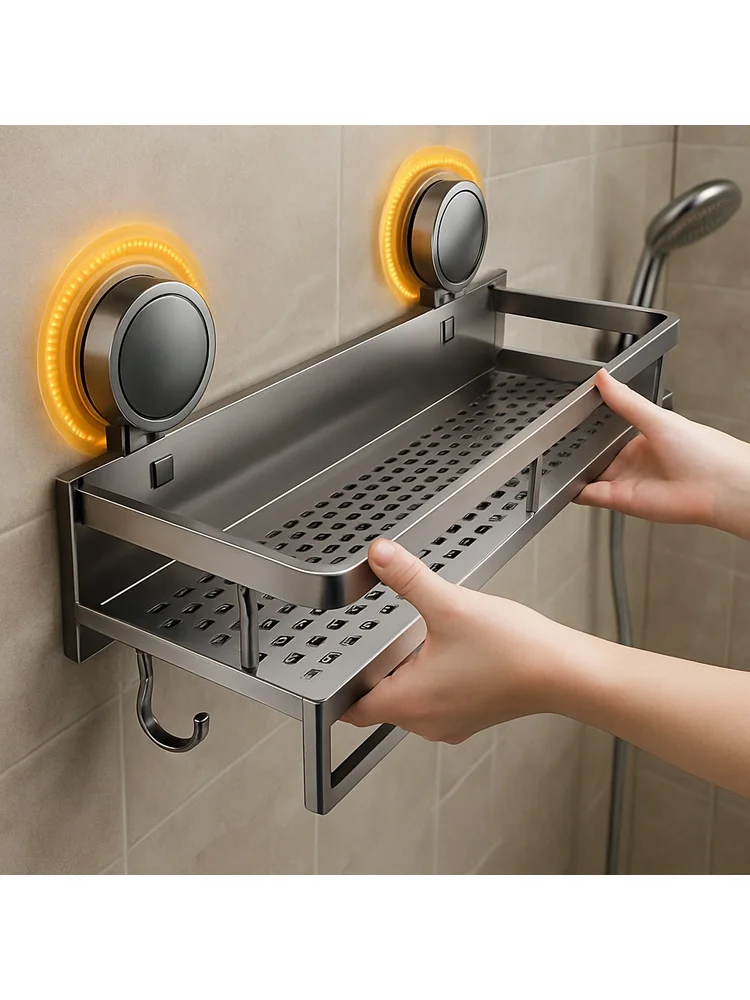 Wall-Mounted Aluminum Bathroom Shelf with Suction Hooks, Easy No-Drill Storage Rack for Shower and Toilet