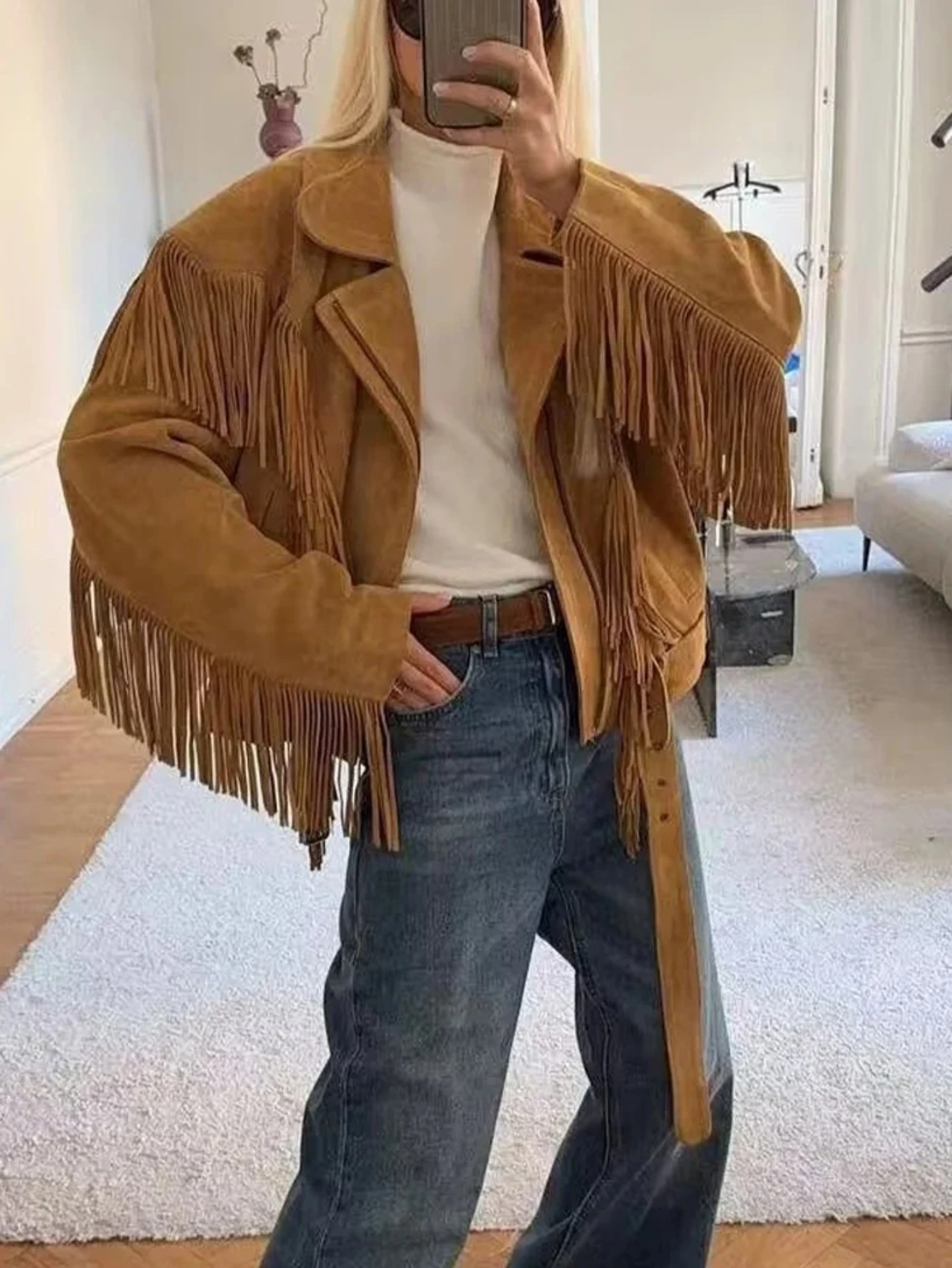 

French retro style lapel long sleeves tassels wide shoulder faux suede cropped jacket