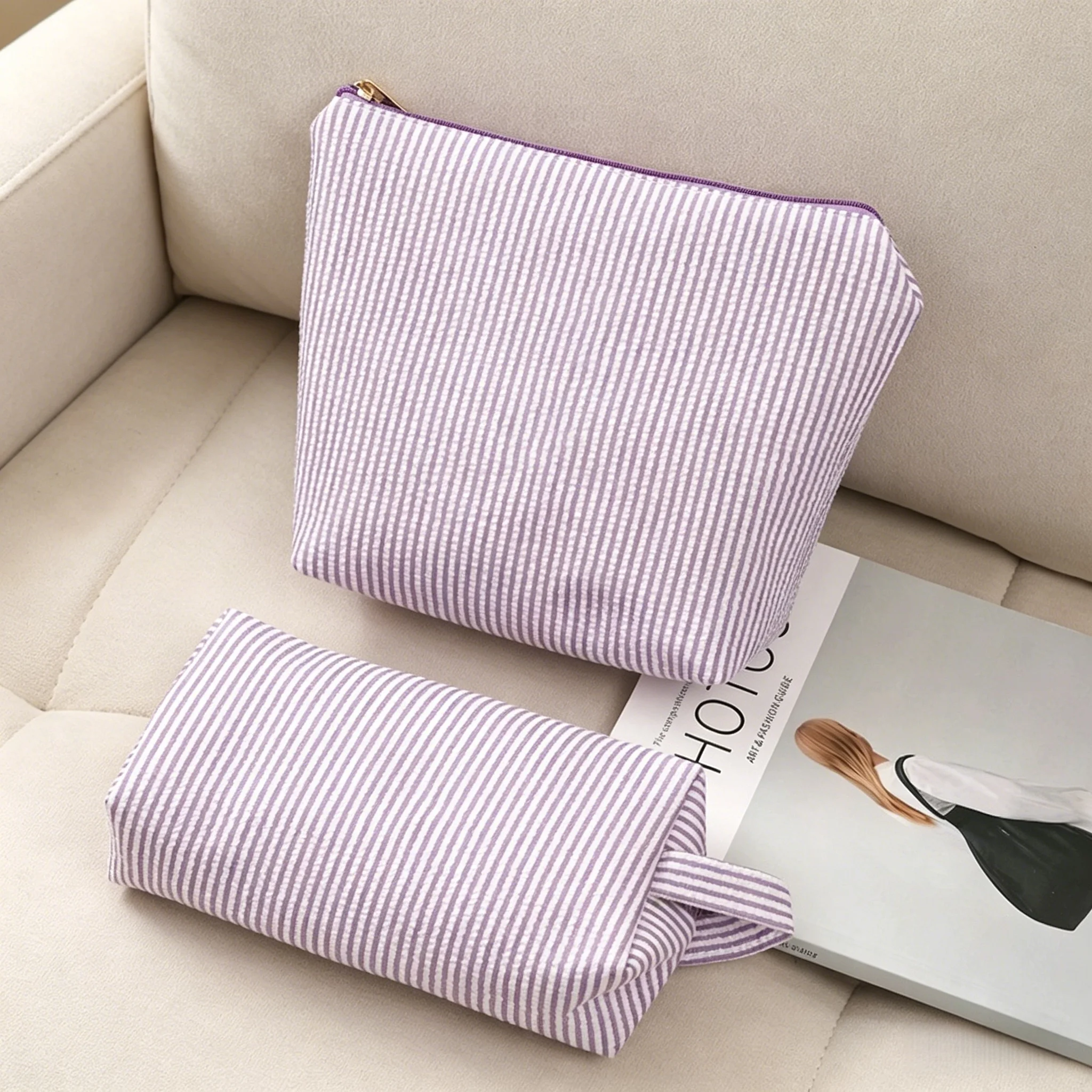 2 Pieces Makeup Bag Stripe Cosmetic Bag Capacity Mix Travel Toiletry Bag Organizer Cute Makeup Brushes Aesthetic Accessories
