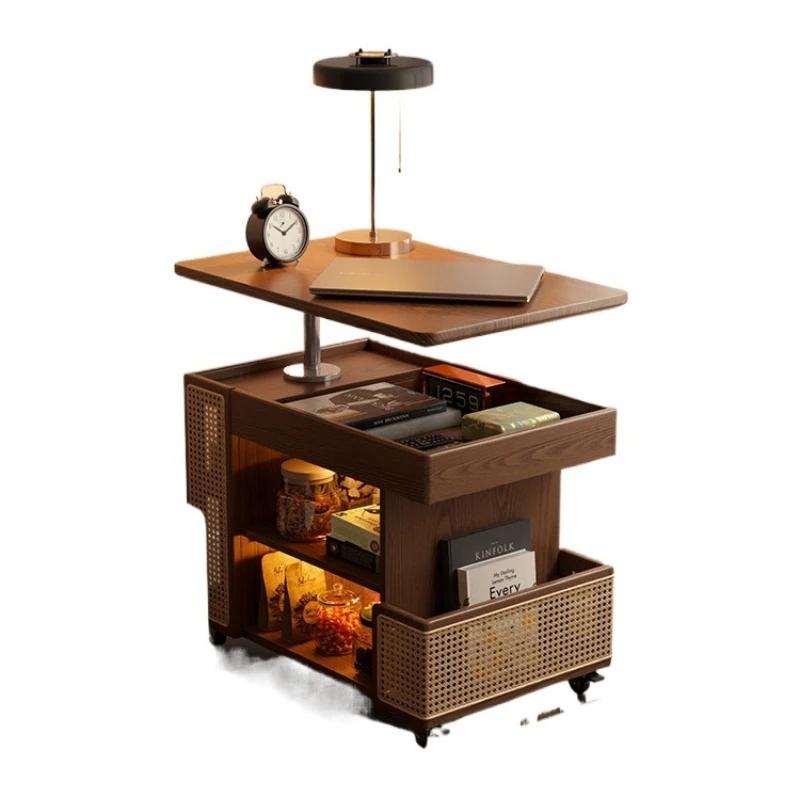 Solid wood mobile coffee table, liftable small apartment living room household sofa side cabinet, trolley bus side table