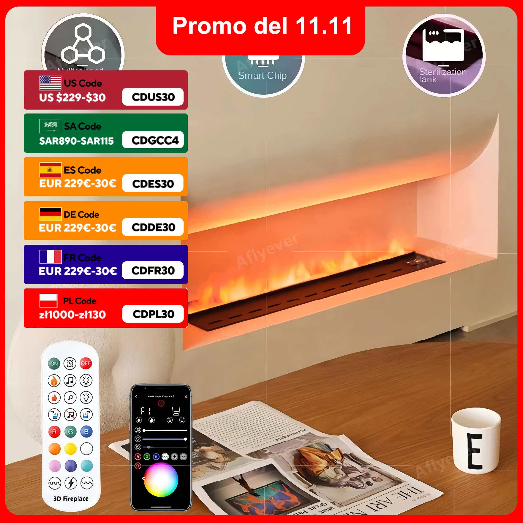 Decoración de chimenea con atomización 3D, humidificación de vapor, simulación electrónica de llama, sala de estar, inteligencia del hogar