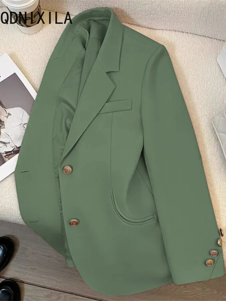 Green Blazer Woman Spring Autumn Vintage Long Sleeve Pockets Female Outerwear Fashion Single Breasted Office Wear Blazer Coat