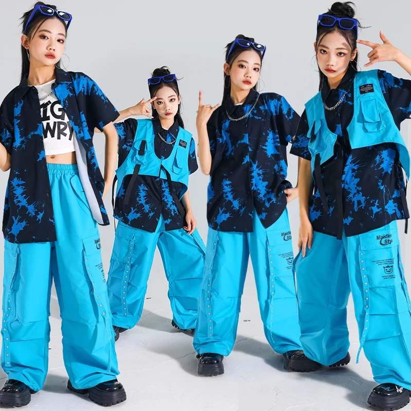 

Jazz Dance Costumes Children Blue Black Shirt Shuffle Pants Kpop Stage Outfit Runways Show Clothes Girls Street Dance Suit 1982