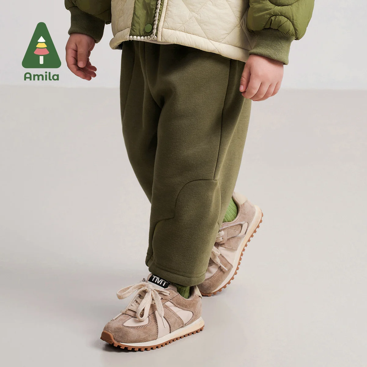 Amila Baby Pants 2024 Winter New Boys And Girls Solid Color Versatile Basic All-In-One Velvet Warm Loose Children‘s Casual Pants