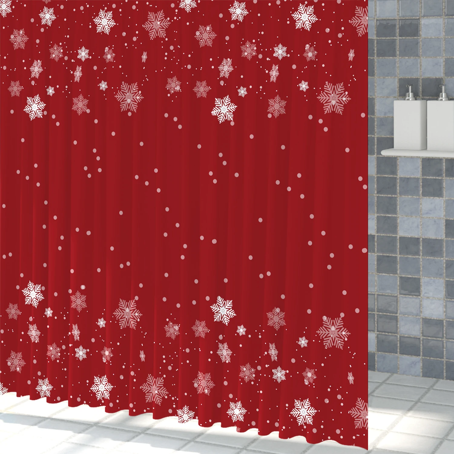 Red Christmas Theme Shower Curtain Winter Snow Decoration Bathroom Partition Polyester Waterproof Hanging Curtain With Hooks