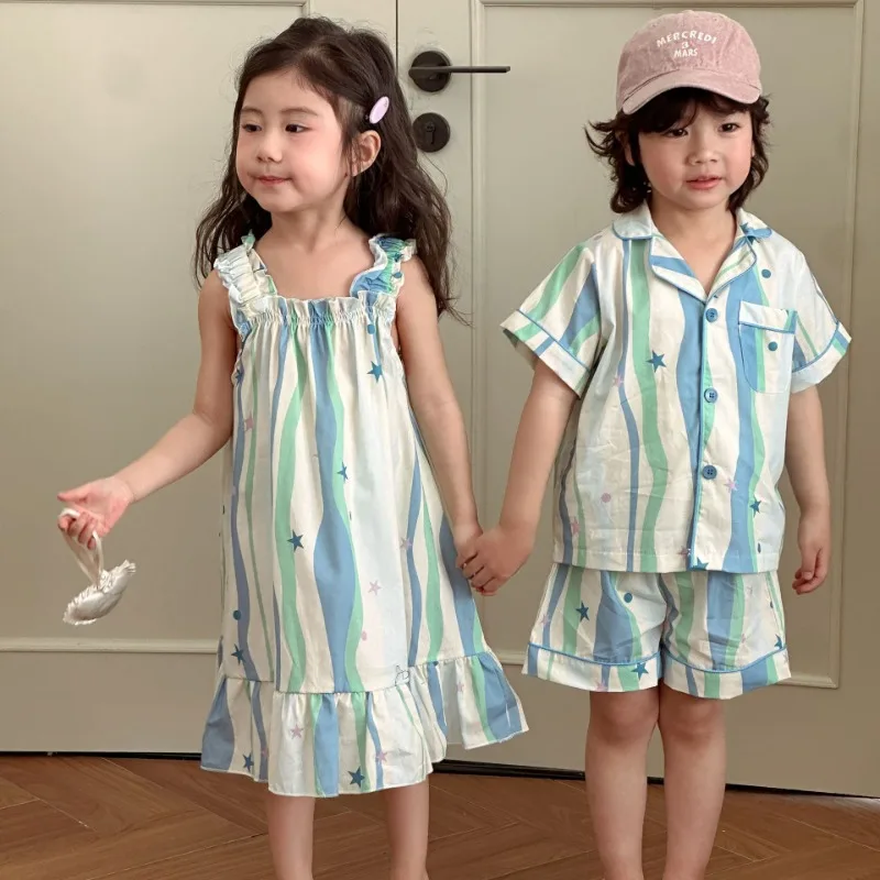 

Summer Children's Pajamas Brother and Sister Home Clothes Boys' Shirt Shorts Sleepwear 2Pcs Girls' Suspenders Dress Nightgown