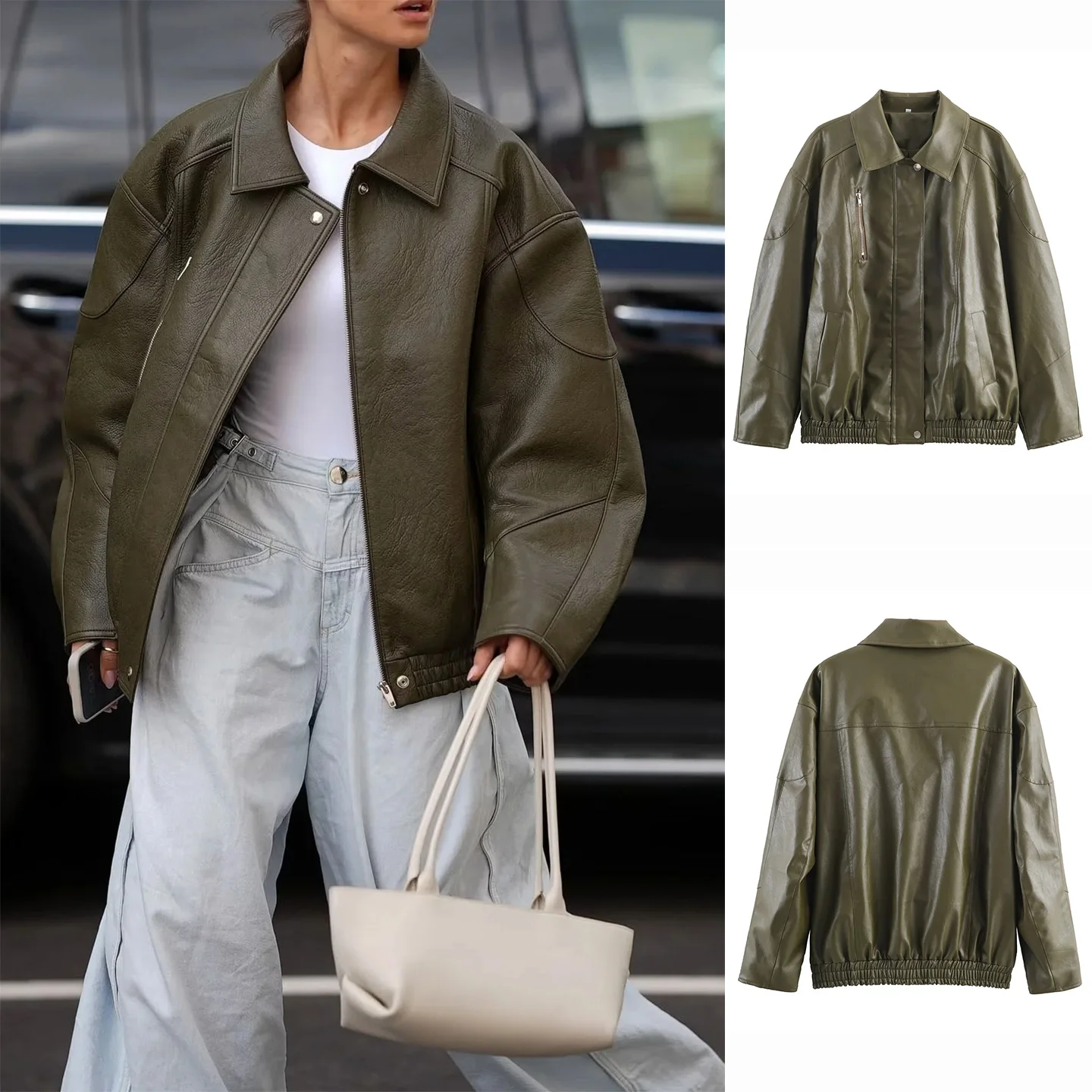 ريترو Sle فضفاض عادية طويلة Sve بولي Leather الجلود Jaet المرأة الخريف وصول جديد بسيط الكلاسيكية طوق سستة كيت تصميم