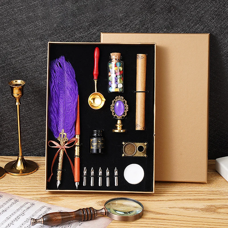 בציר קליגרפיה עט נוצה טבילה מזרקת עטים ערכות דיו ניירת quill יצירתי וינטג 'כתיבה עט בית הספר