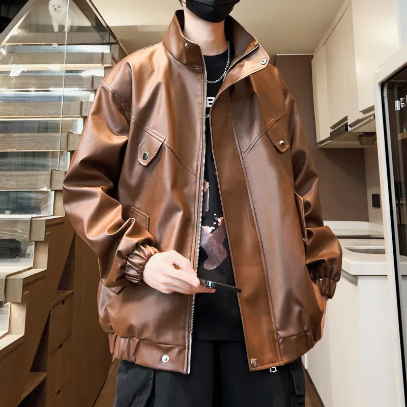 

American Sle Motorcycle Jaet Men's Autumn Faion Brand Coffee Color Stand Collar Baseball irt Loose Fit PU Leather