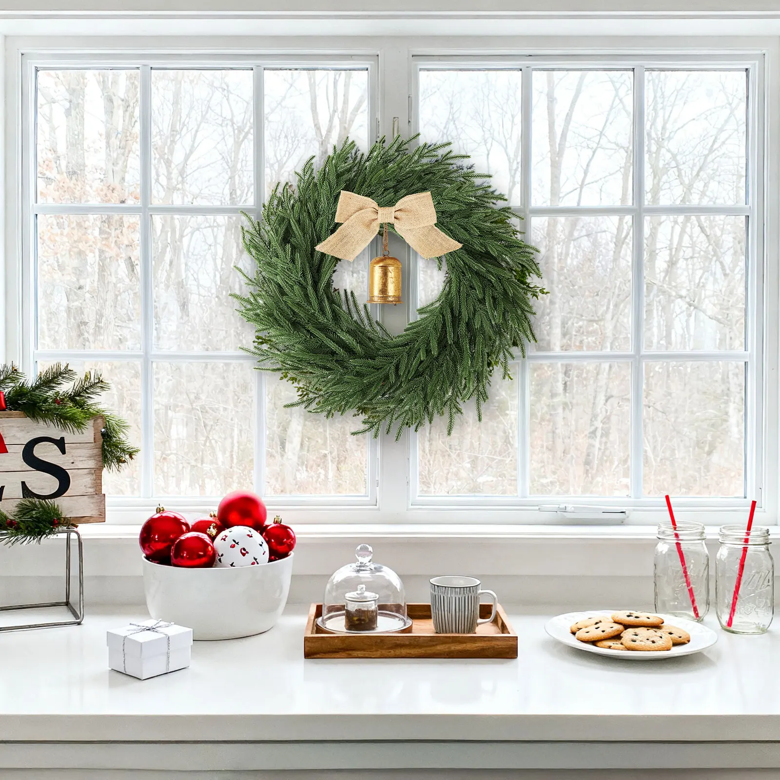 

LED Lighted Christmas Wreath with Jingle Bells Elegant Festive Decor for Front Doors, Fireplace Mantel, and Windows, Indoor Out