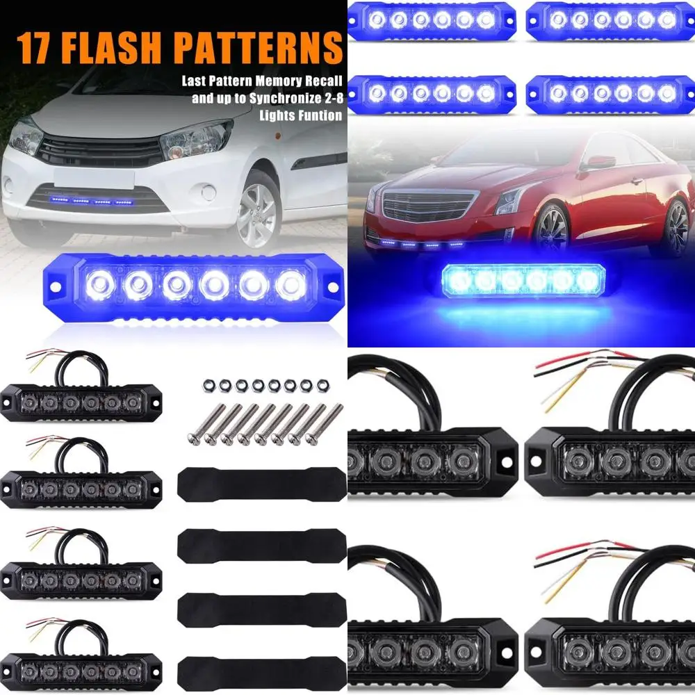 

4-Pack Synchronized LED Strobe Lights for Cars and Trucks - Ultra Slim Mini Grille Flashing Hazard Warning Grill Lamps in Blue