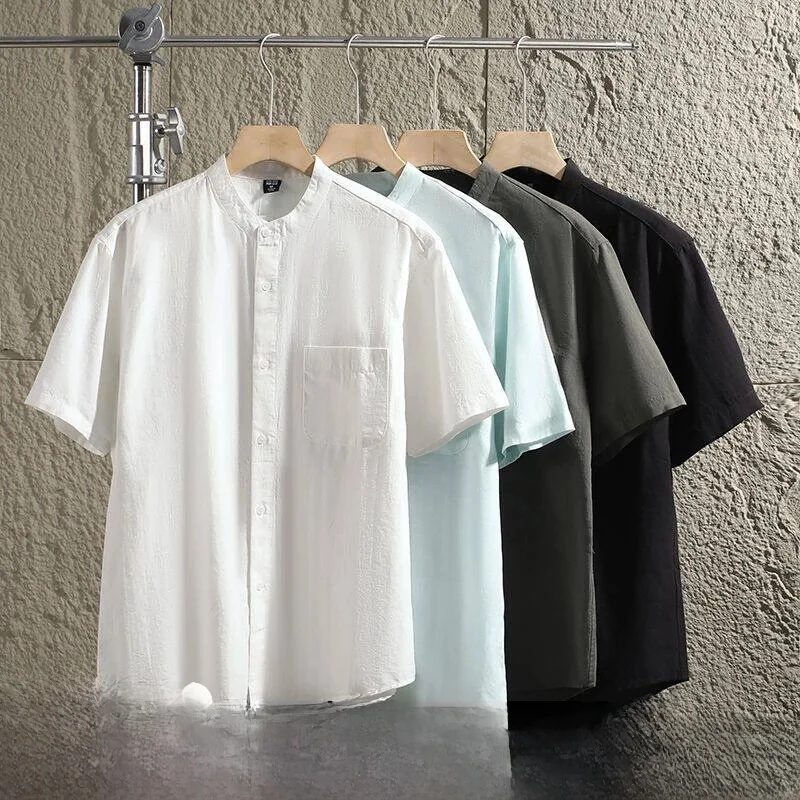 

Skin-friendly Breathable Linen Mixed Fabric Men's Short Sleeve Shirt Stand Collar Casual Style Standard Fit Summer Spring