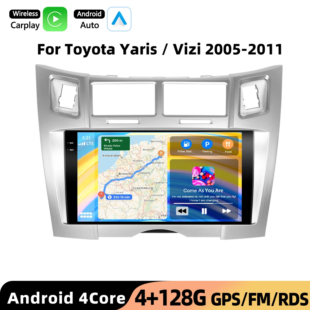 Podofo voor Toyota Yaris/Vizi 2005-2011 Draadloze CarPlay voor Apple Android Auto autoradio GPS FM WiFi BT Multimedia Stereo EQ