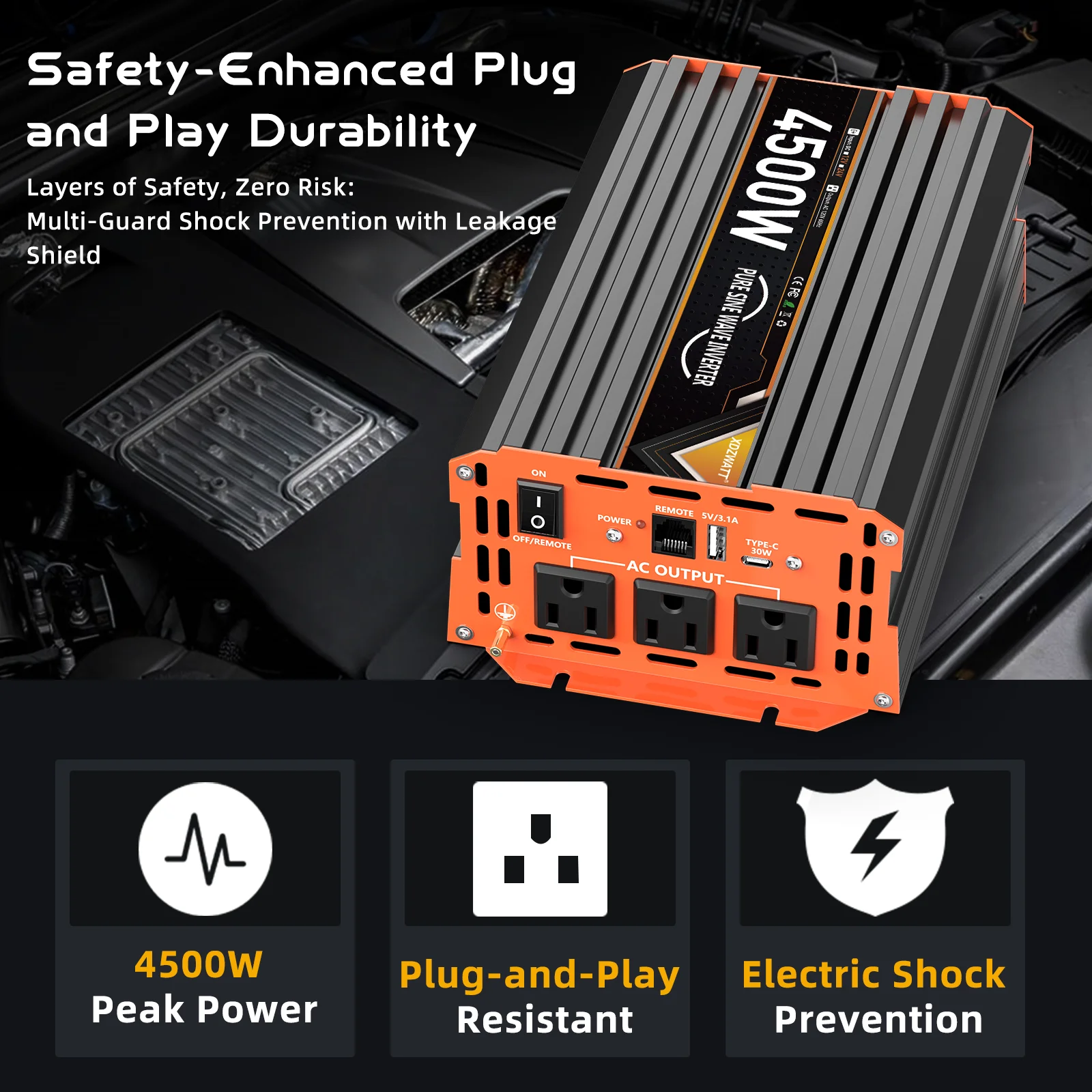 1500 واط 4500 واط الذروة عاكس الطاقة موجة جيبية نقية مع جهاز التحكم عن بعد شاشة الكريستال السائل USB نوع-C حماية متعددة للتخييم RV