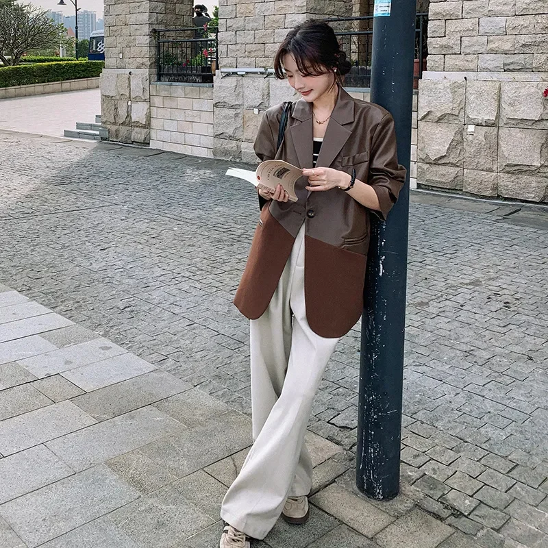 Coffee Colored Suit Leather Coat Women 2024 Spring Autumn New Style High-end and Fashionable Explosive Street Casual Jacket Top