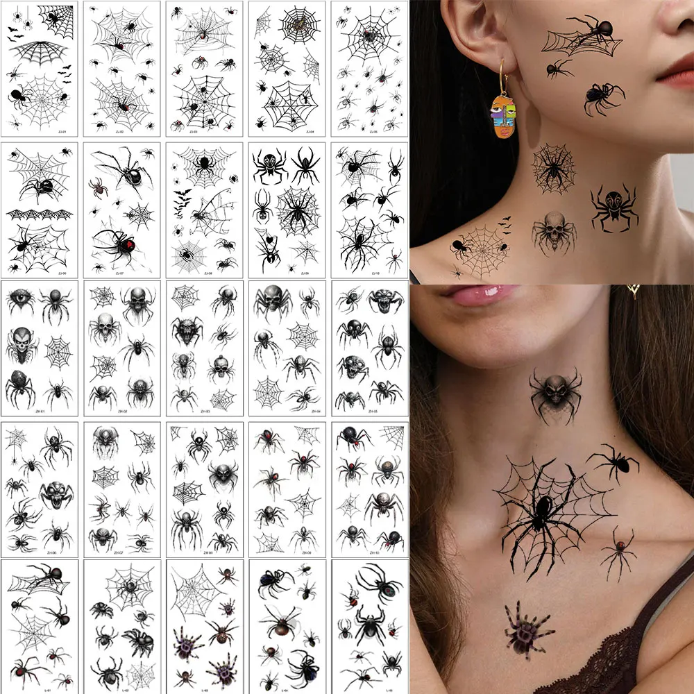 10Pcs Halloween Temporary Tattoo Stickers For Women Men Waterproof Spider Web Fake Tattoos For Face & Body Makeup