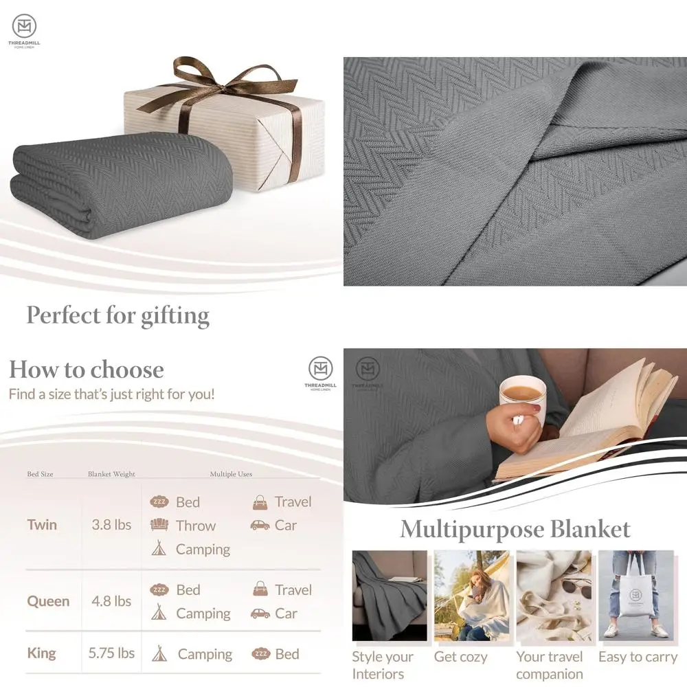 

All-Season 100% Cotton Twin Blanket, Herringbone Design, 350GSM, 68x92 inches, Dark Grey