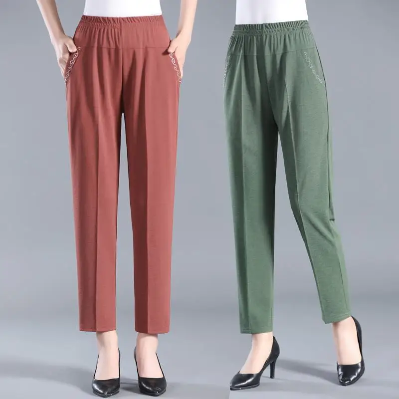 Big Size 5XL Women Casual Straight Pants Spring Summer Thin Loose Elastic High Waist Fashion Diamonds Pocket New Female Trousers