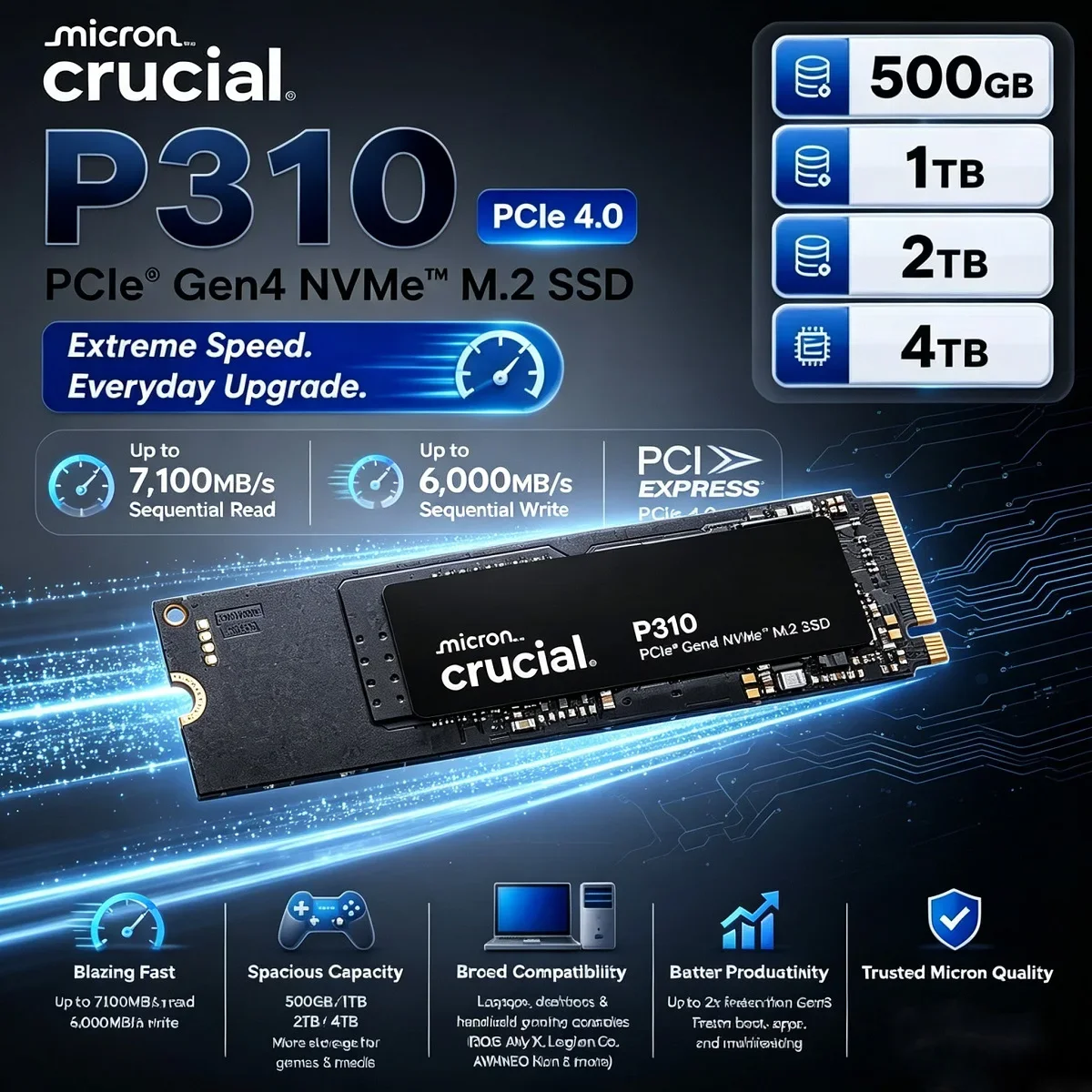 SSD Crucial NVMe M.2 2280 P310 PCIe Gen4 P510 T710 Gen5 Unidade de Estado Sólido Interna 1TB 2TB 4TB para Jogos
