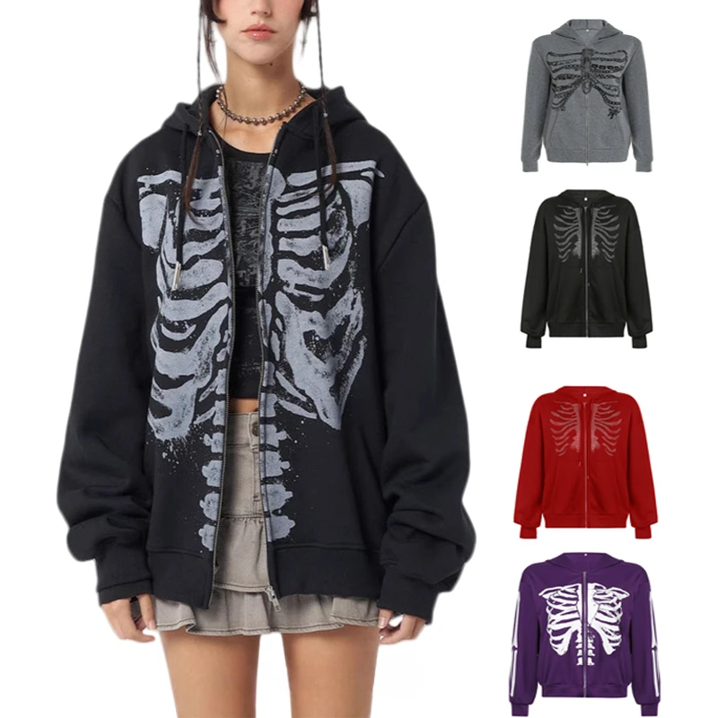 

Y2K Fashion Casual Hooded Coat Women Long Sleeve Loose Skull Print Zip Up Hoodie Spring Autumn Couple Top Gothic Sweatshirt