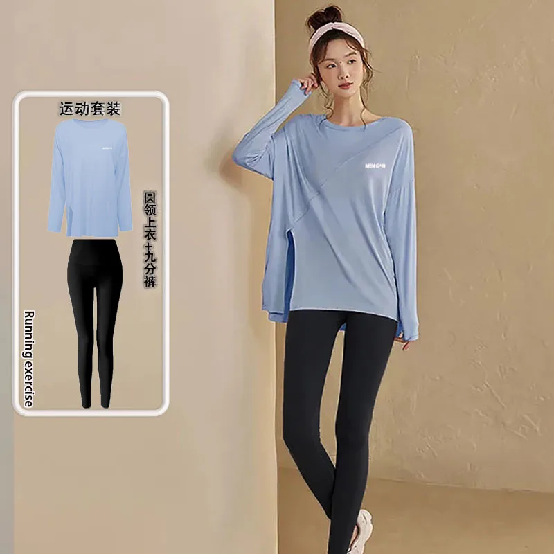 

Side Slit Women Yoga 2 Pieces Sets Loose Long Sleeve T-shirt +High Waist Long Leggings Breathable Sports Fitness Gym Workout Top
