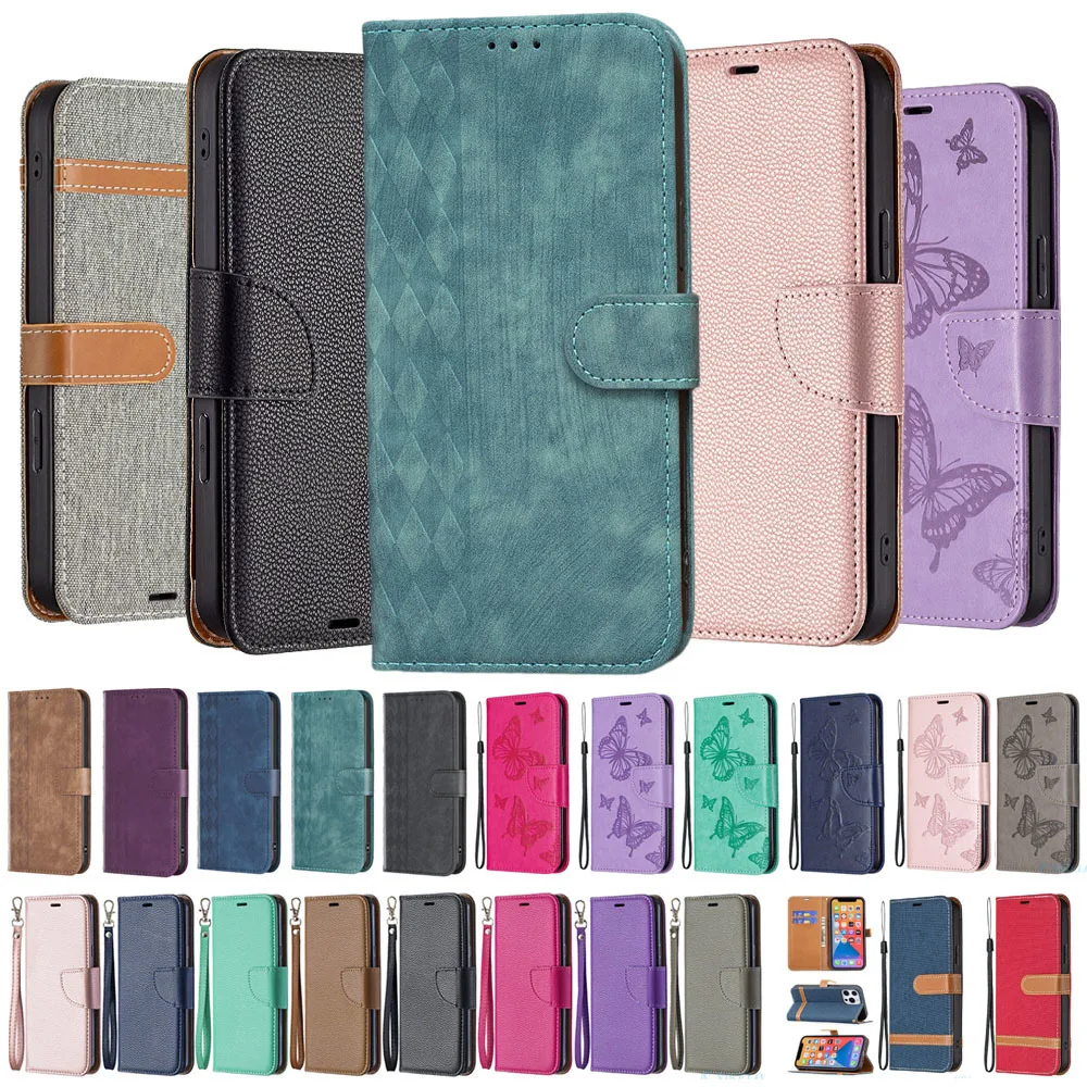 Flip Leather Case For Samsung Galaxy S22 S23 Fe Plus Ultra Card Wallet Phone Book Cover Housing Stand Retro Denim Lychee Pattern