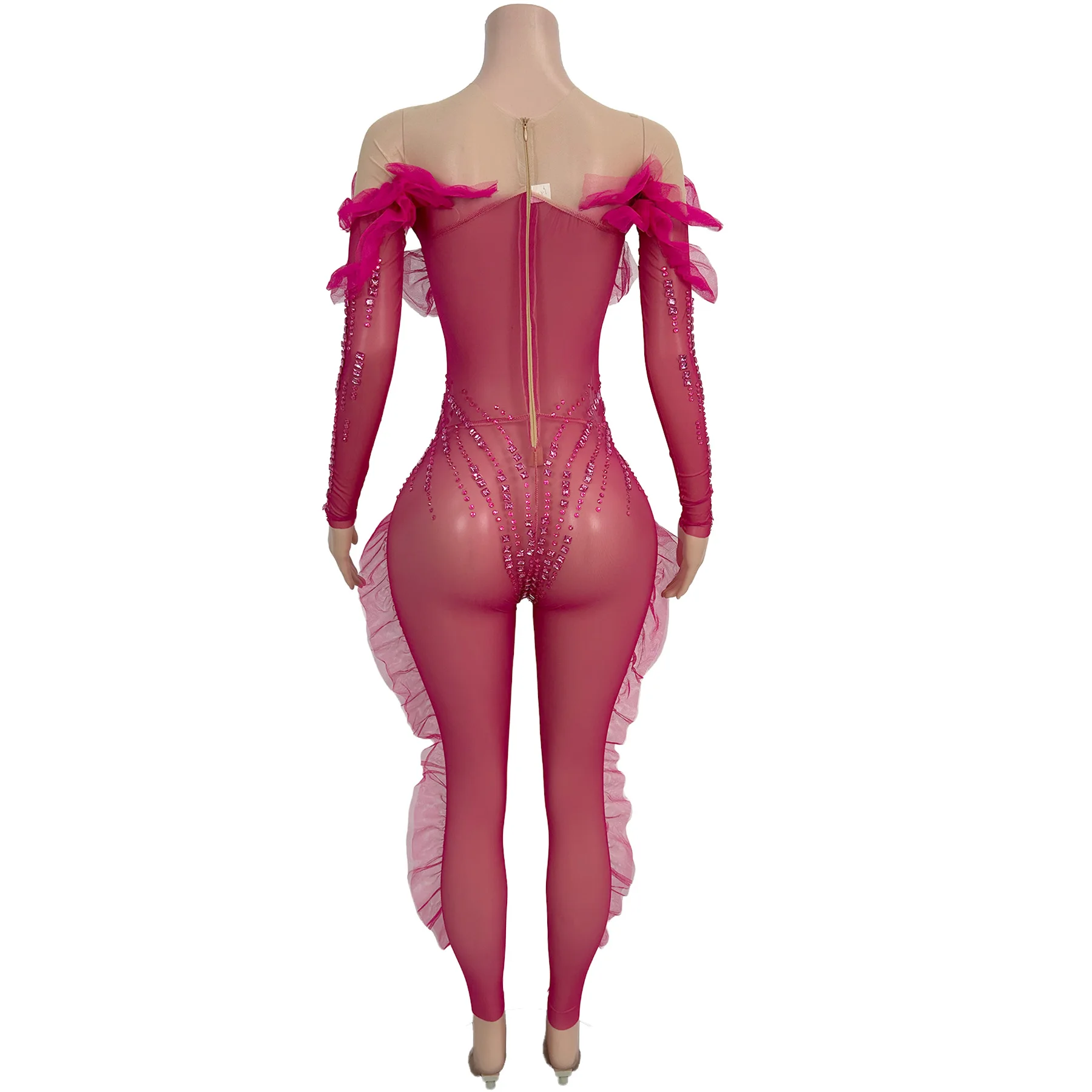 Sparkly Rhinestone Ruffle Mesh Tight Fitting Jumpsuit Long Sleeve Sheer Skinny Bodysuit Nightclub Stage Show Dance Outfit Huahun