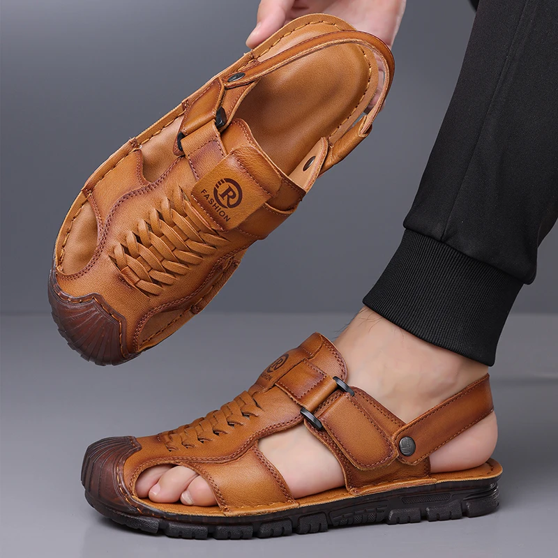 

2026 New Men's Closed Toe Sandals, Genuine Cowhide Breathable Soft Sole Anti-Slip Dual-Use Slippers, Casual Beach Shoes